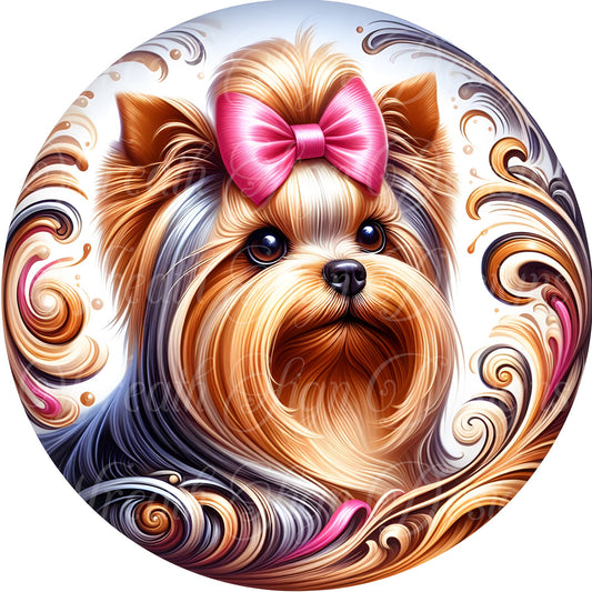 Yorkie dog metal sign  Round sign, Wreath attachment, Wreath center, Plaque, browns and tans