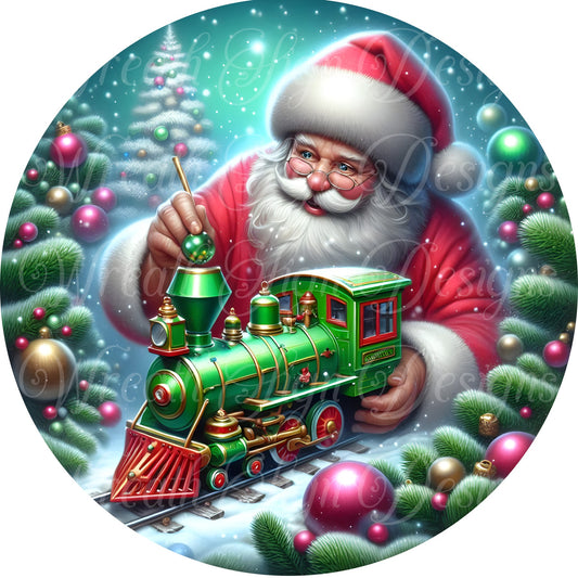 Merry Christmas, Santa Claus and his toy train, St. Nick, Kris Kringle, Christmas trees in pink and white, round metal wreath sign, center