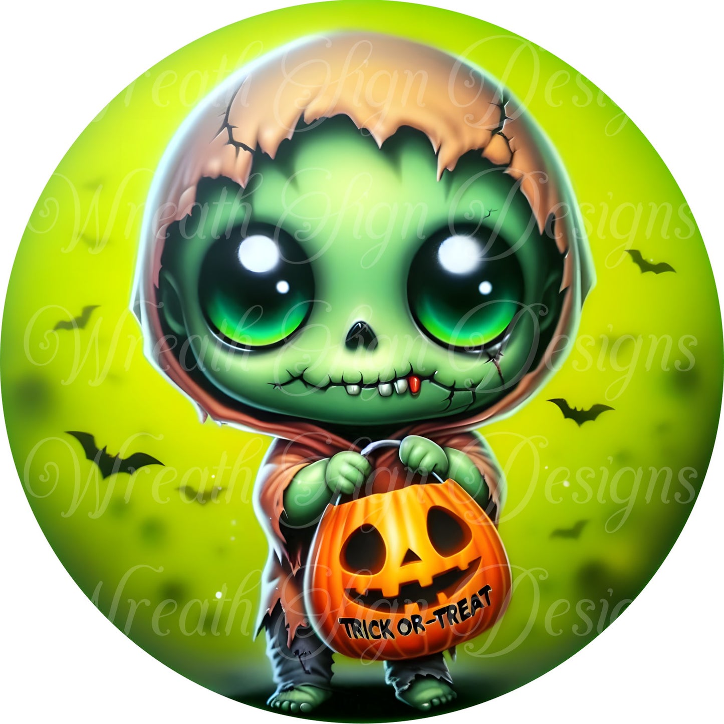 Neon Green Cute Zombie going trick or treating sign, Halloween Zombie sign, Monster wreath attachment, Trick-or-treat metal wreath sign