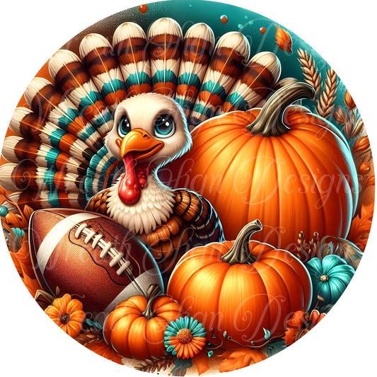 Round metal sign, Happy Thanksgiving Fall Turkey wreath sign, fall football wreath center, attachment, plaque