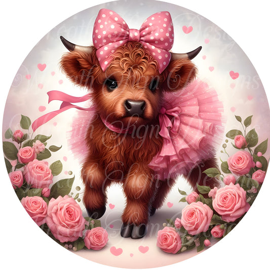 Highland cow in a pink tutu, Valentine's Day metal wreath sign, Highland cow and Roses wreath attachment, Center