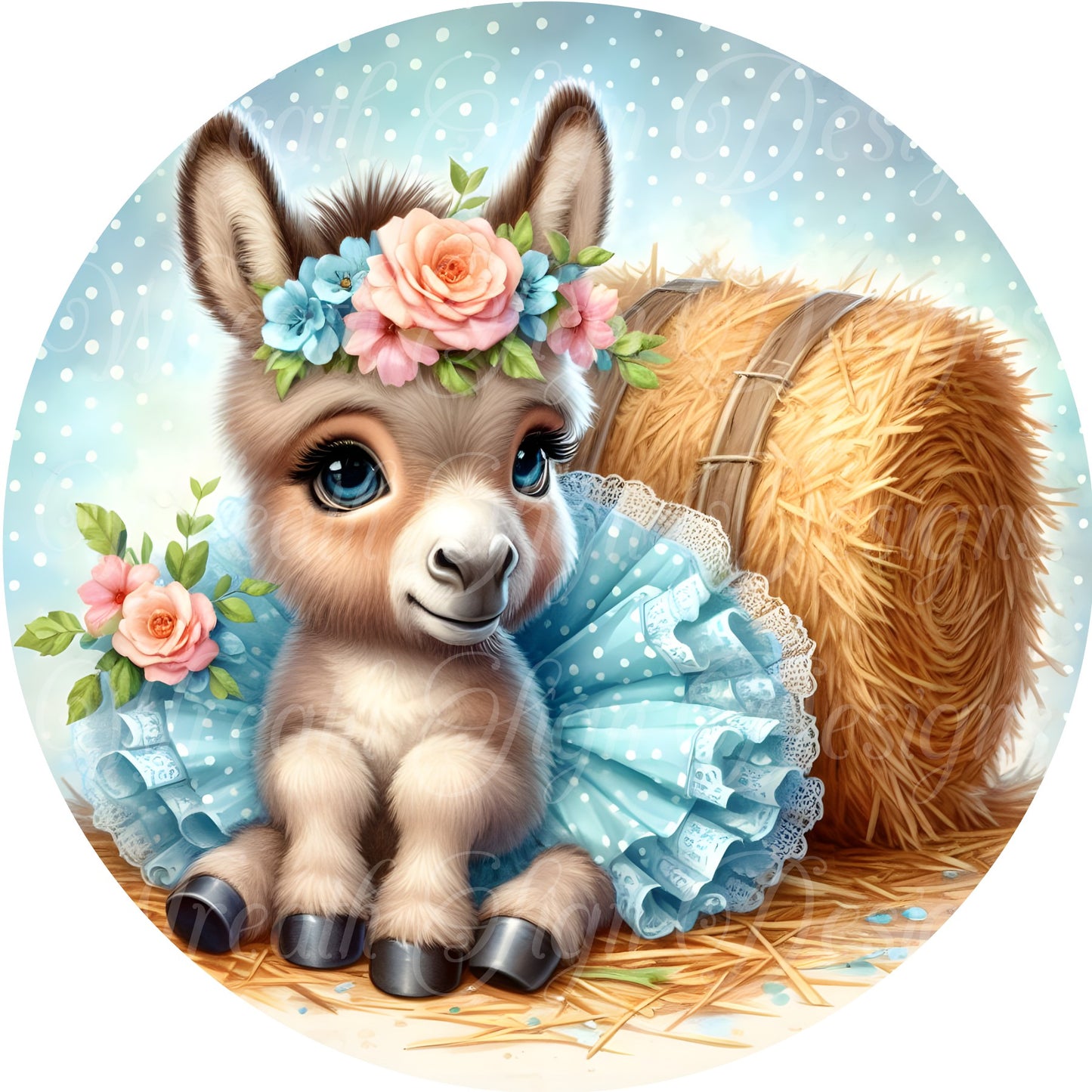 Spring time donkey wearing a tutu metal sign,  spring time summer time Round sign, Wreath attachment, Wreath center,