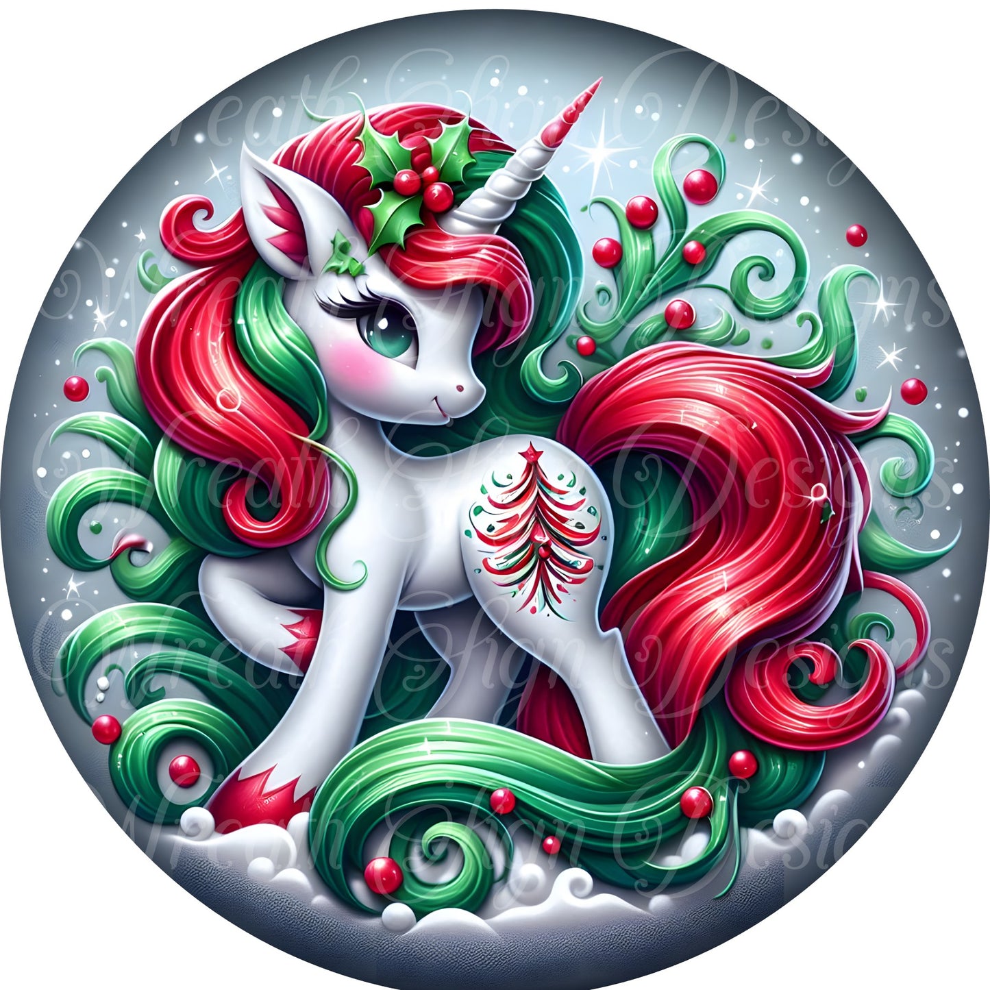 Christmas Unicorn round metal wreath sign, Christmas Magic, mythical, whimsical metal sign