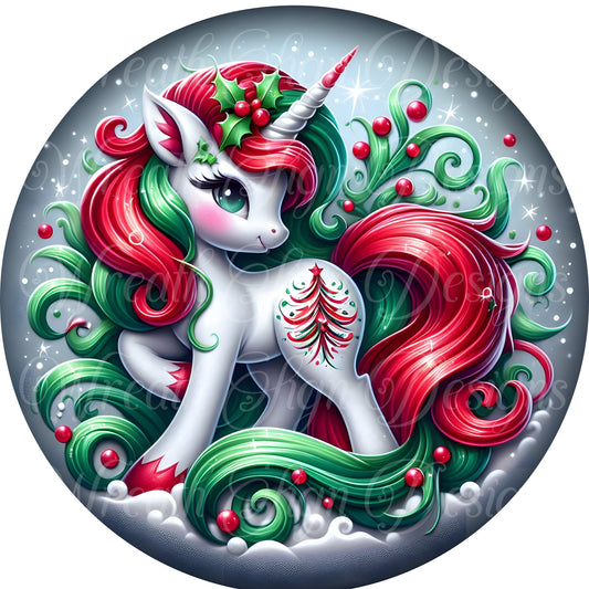 Christmas Unicorn round metal wreath sign, Christmas Magic, mythical, whimsical metal sign