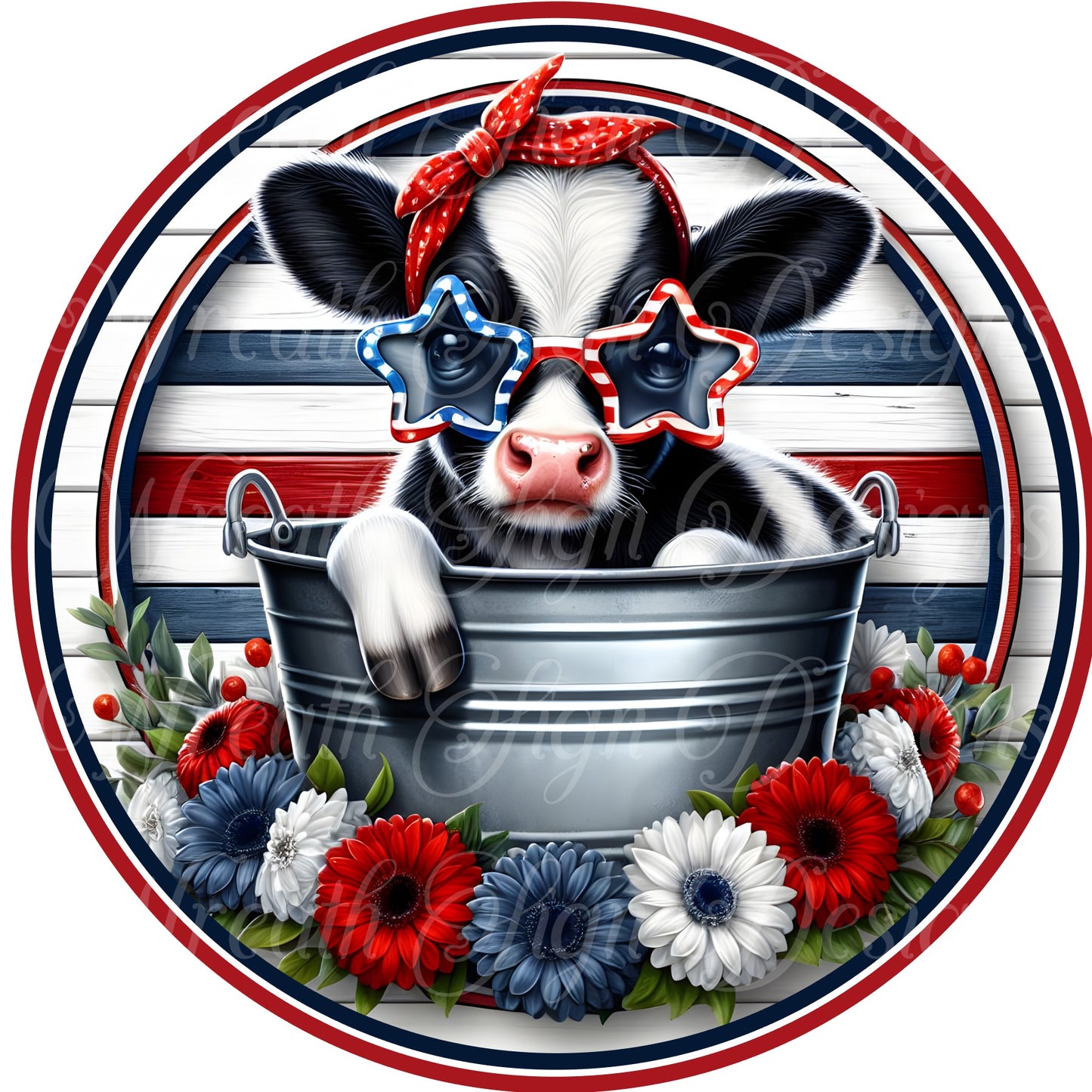 Patriotic highland cow, jersey cow in sunglasses, cow in metal tub, 4th of July, red white and blue, sublimated metal wreath sign,