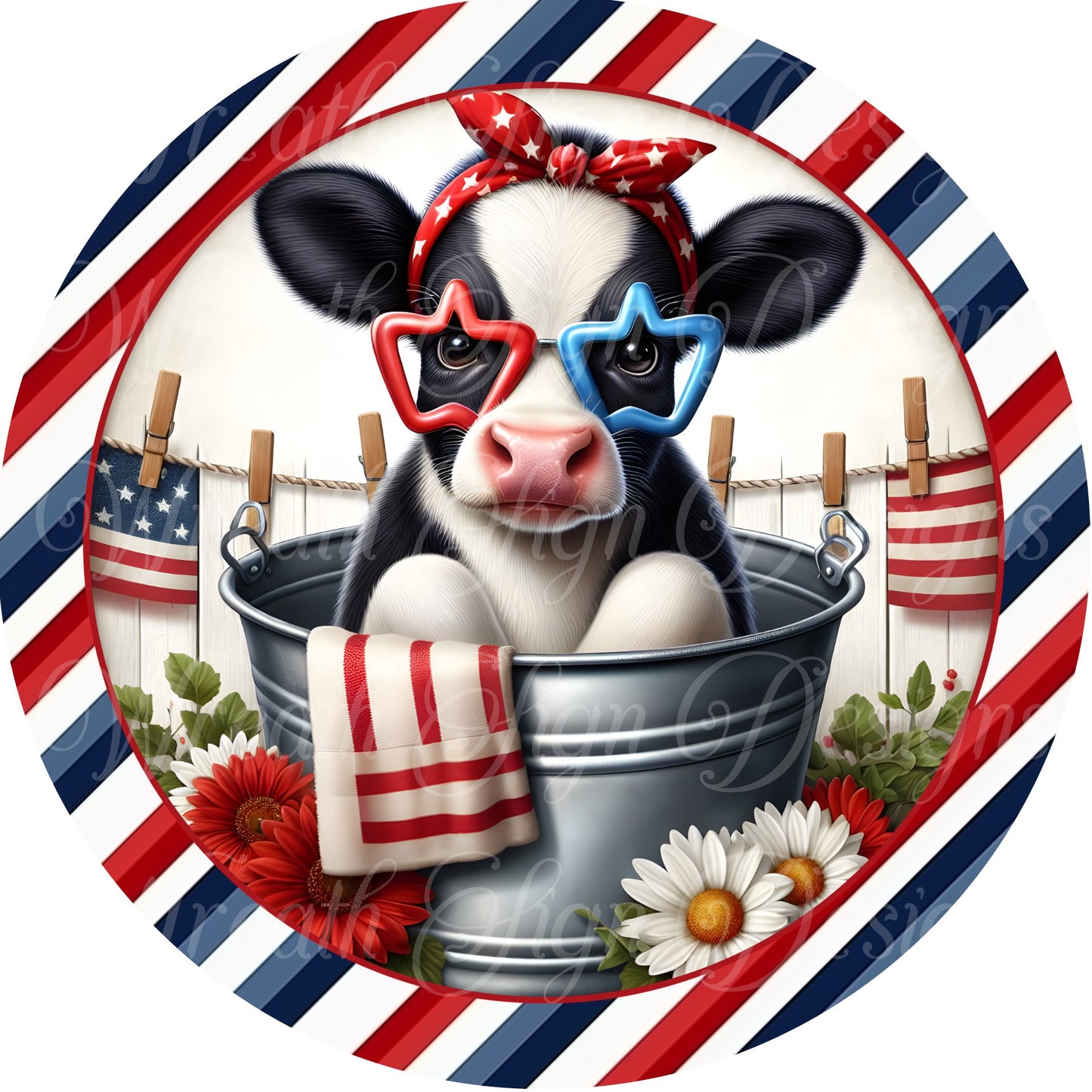 Patriotic highland cow, jersey cow in sunglasses, cow in metal tub, 4th of July, red white and blue, sublimated metal wreath sign