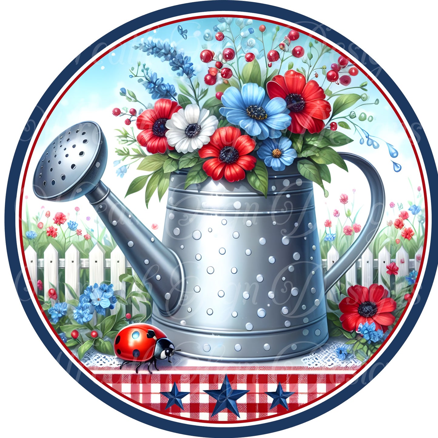 Red white and blue flowers, Summertime flowers and watercan freedom. 4th of july metal sign  Round sign, Wreath attachment, Wreath center