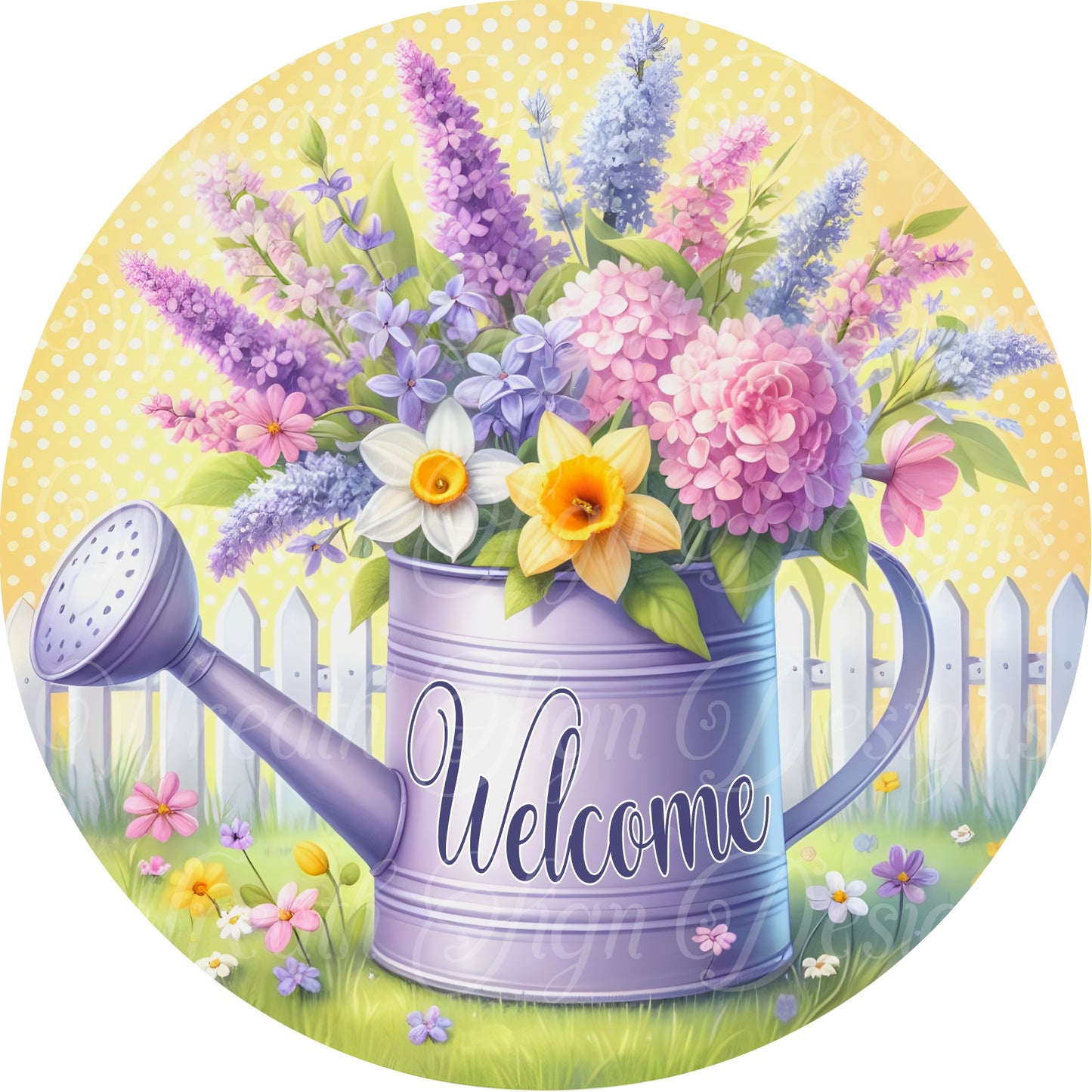 Spring lavender watercan wreath sign. Welcome sign.  Pastel Springtime flowers wreath sign, center, attachment, plaque