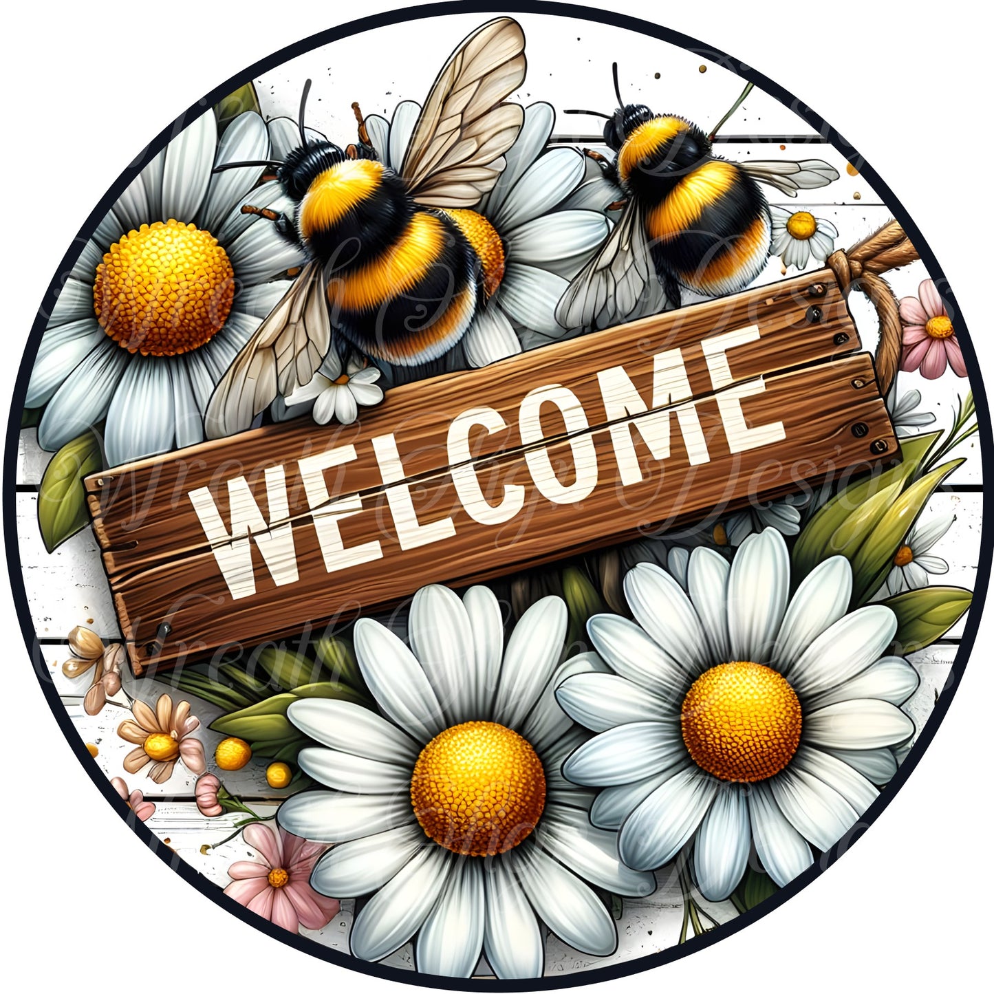 Welcome door sign, Bumble bee, bee sign, bumble bee daisy metal wreath sign, Round sign,  attachment Wreath center, tiered tray sign