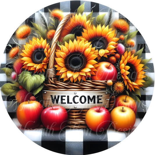 Welcome Apple Harvest wreath sign, Sunflowers and Apples Autumn harvest metal sign, round wreath center, wreath attachment