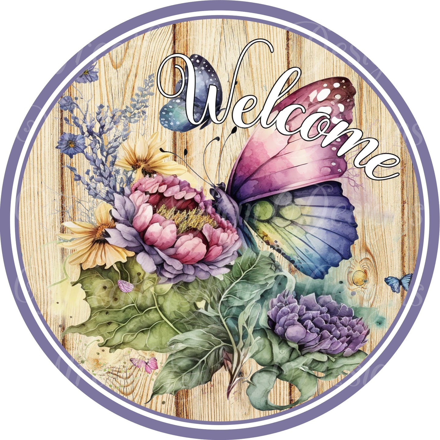 Welcome monarch butterfly round metal sign, faux wood grain wreath sign, wreath center, wreath attachment, Wreath sign