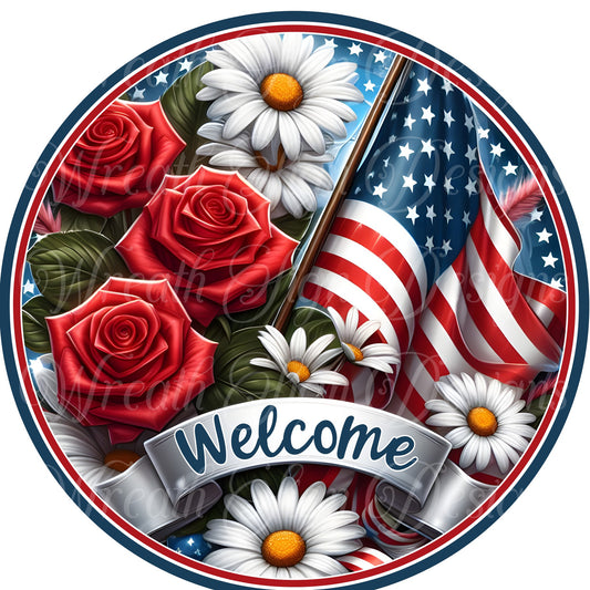 Welcome Sign, Patriotic, Freedom, Fourth of July, Americana flowers, Flag, Stars and Stripes, Metal wreath sign, Wreath plaque, Center