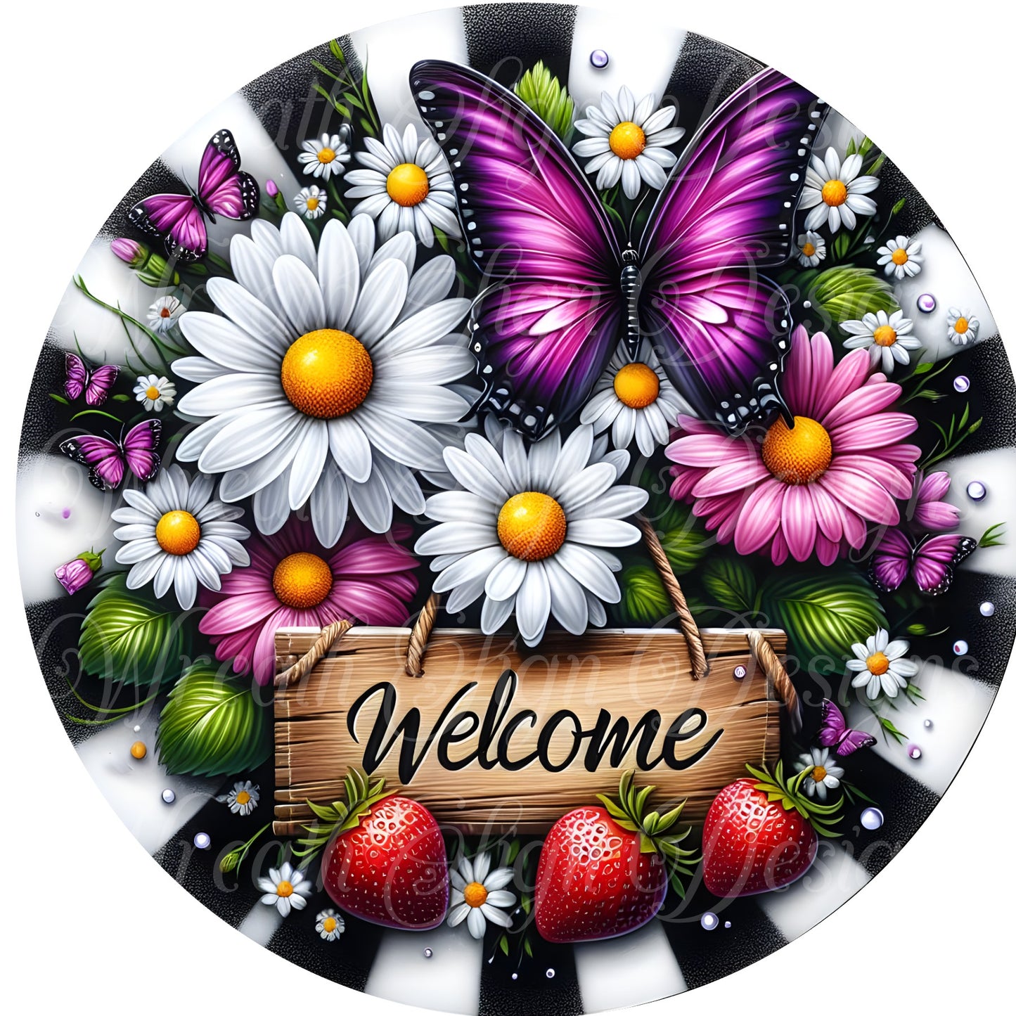 welcome purple Butterfly and diasy sign,  purple butterfly wreath sign Metal sign, summer, Round sign, Wreath attachment, Wreath center