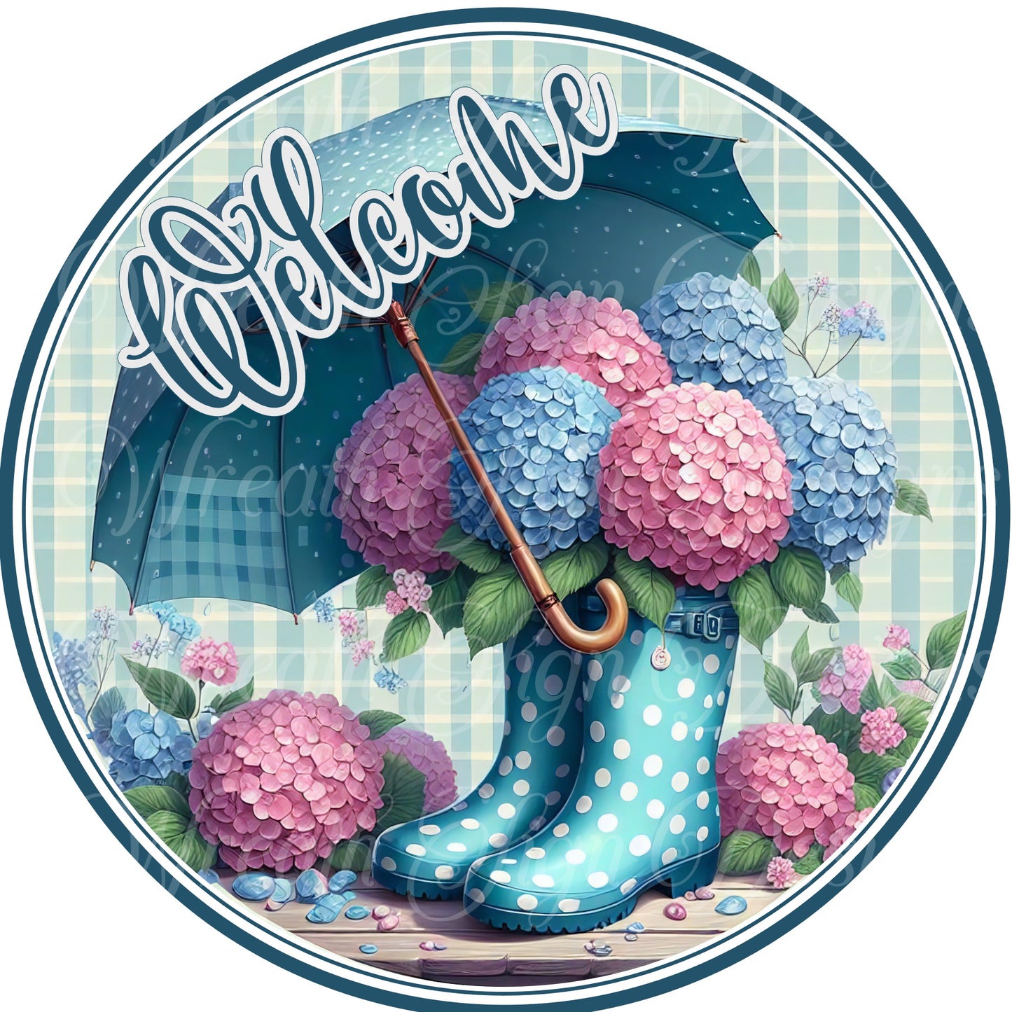 welcome springtime wreath sign. Rainboots, umbrellas and hydrangea wreath sign, center, attachment, plaque