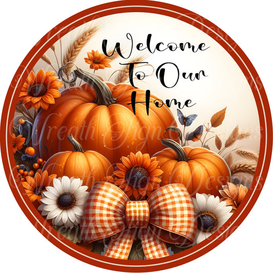 Welcome Autumn pumpkins round metal wreath sign, Fall pumpkins, white pumpkins, , Fall flowers wreath sign, wreath center, wreath attachment