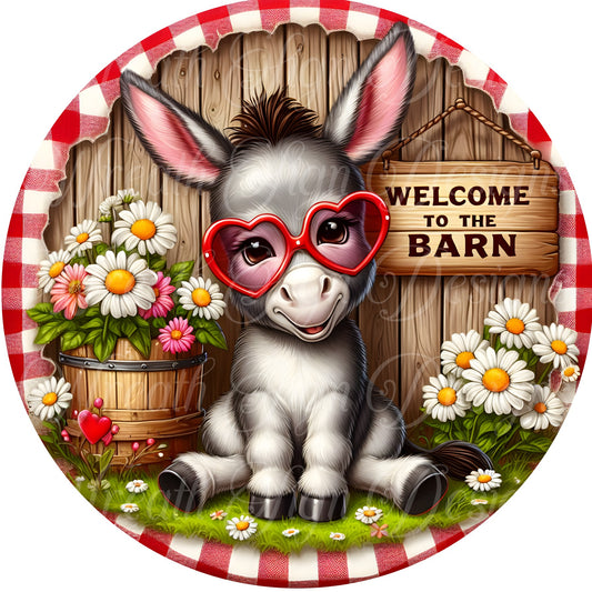 Daisy the donkey round metal wreath sign, Donkey and Daisies wreath center, wreath attachment