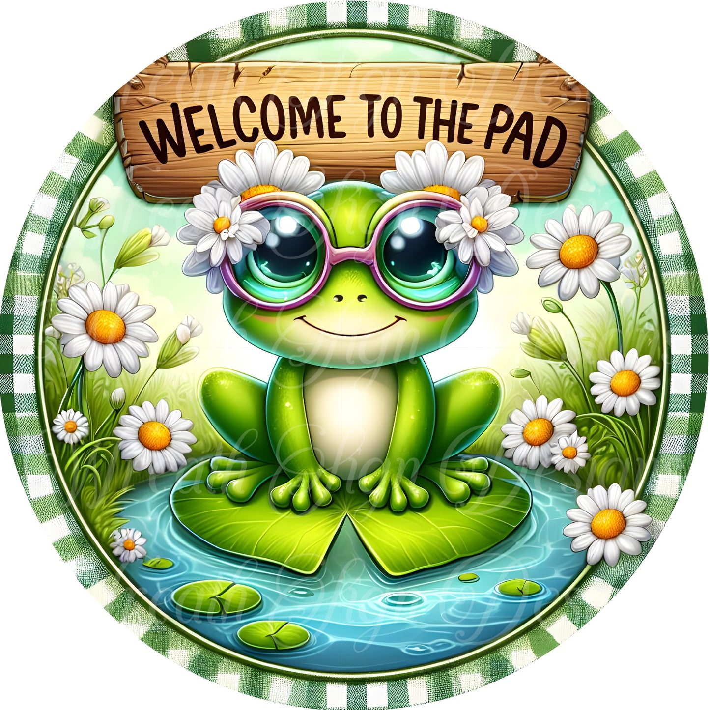 Frog sign, summertime sign, green frogs and daisies metal wreath sign, Round sign, attachment Wreath center, tiered tray sign