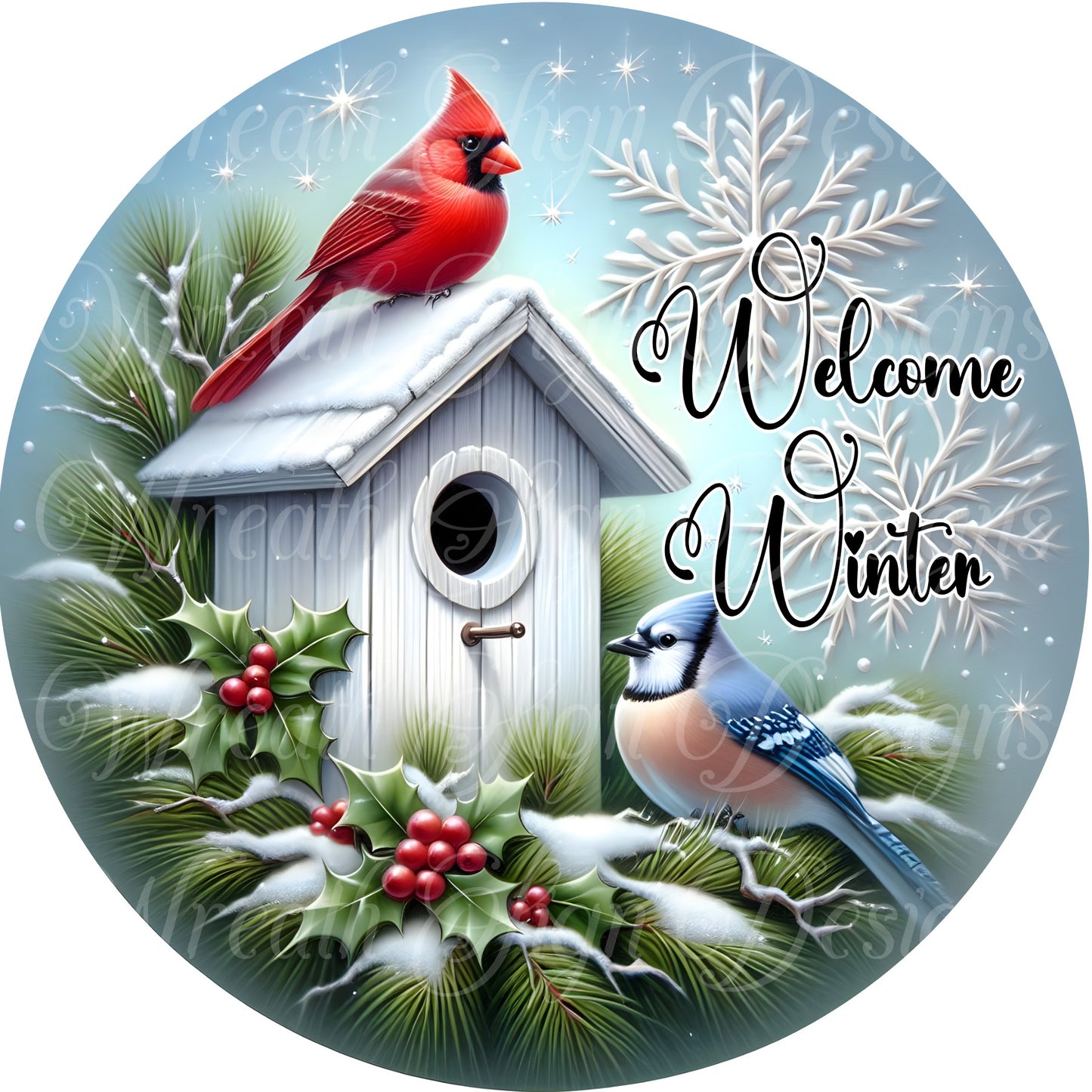 Christmas cardinal wreath center, Winter sign, Cardinal decor, round metal wreath sign, wreath center, wreath attachmen