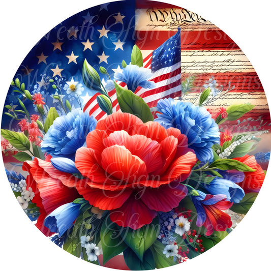 Patriotic, Freedom, Fourth of July, Americana flowers, Flag, The Constitution,  Stars and Stripes, Metal wreath sign, Wreath plaque, Center