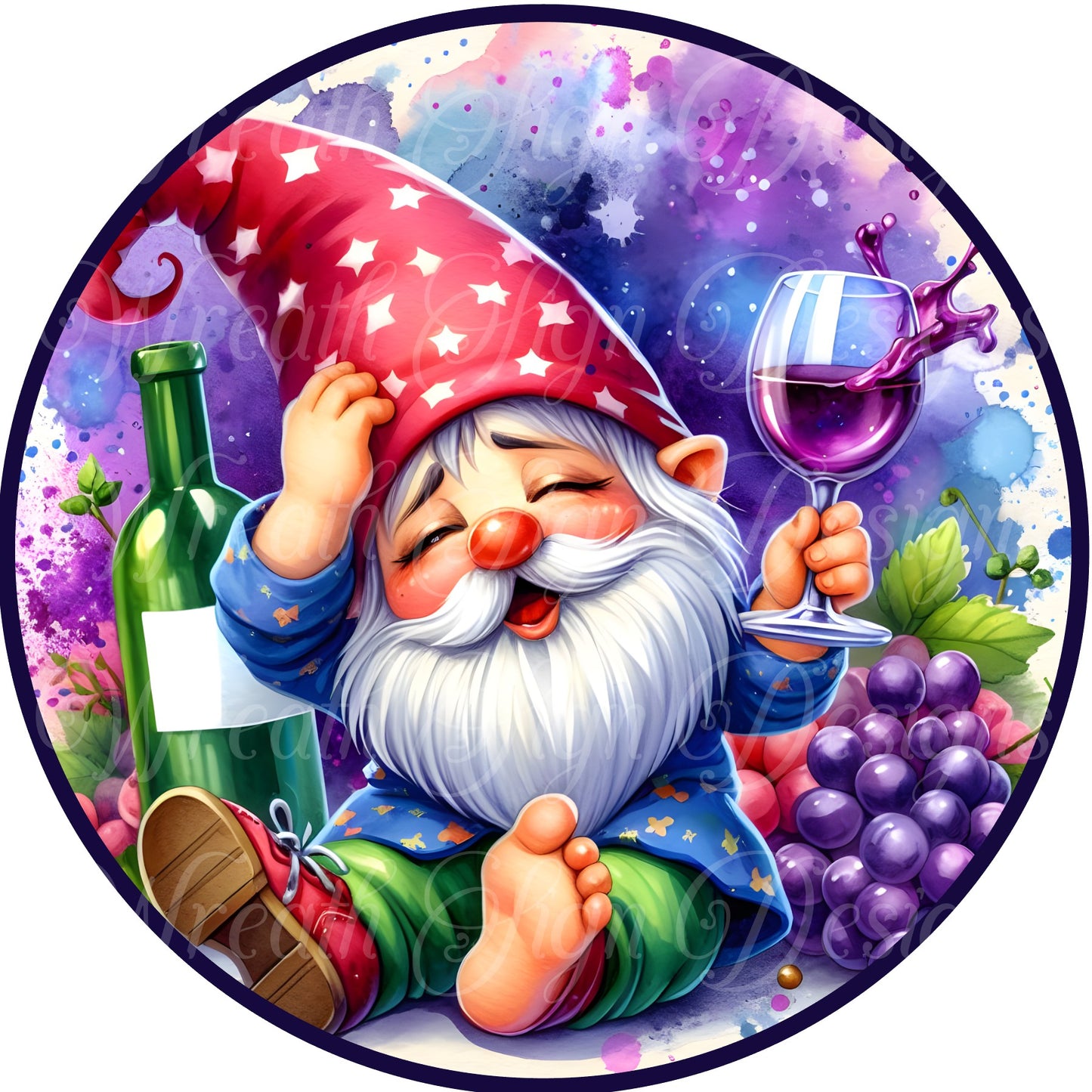 Drunk Gnome wreath sign, Gnome drinking wine with grapes and a wine bottle, metal wreath center, attachment plaque