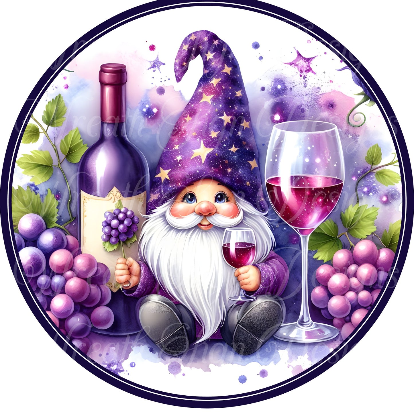 Drunk Gnome wreath sign, Gnome drinking wine with grapes and a wine bottle, metal wreath center, attachment plaque