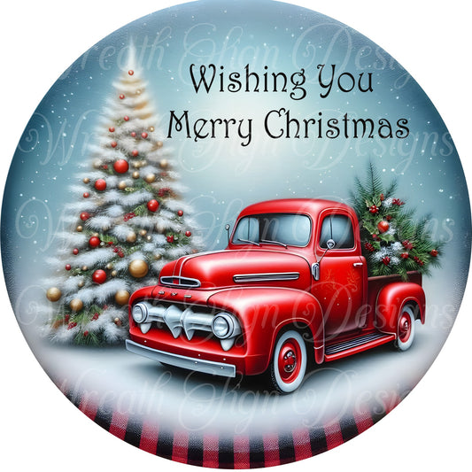 Wishing you Merry Christmas old red truck round metal wreath sign, Red truck and buffalo check wreath center, Wreath attachment, plaque