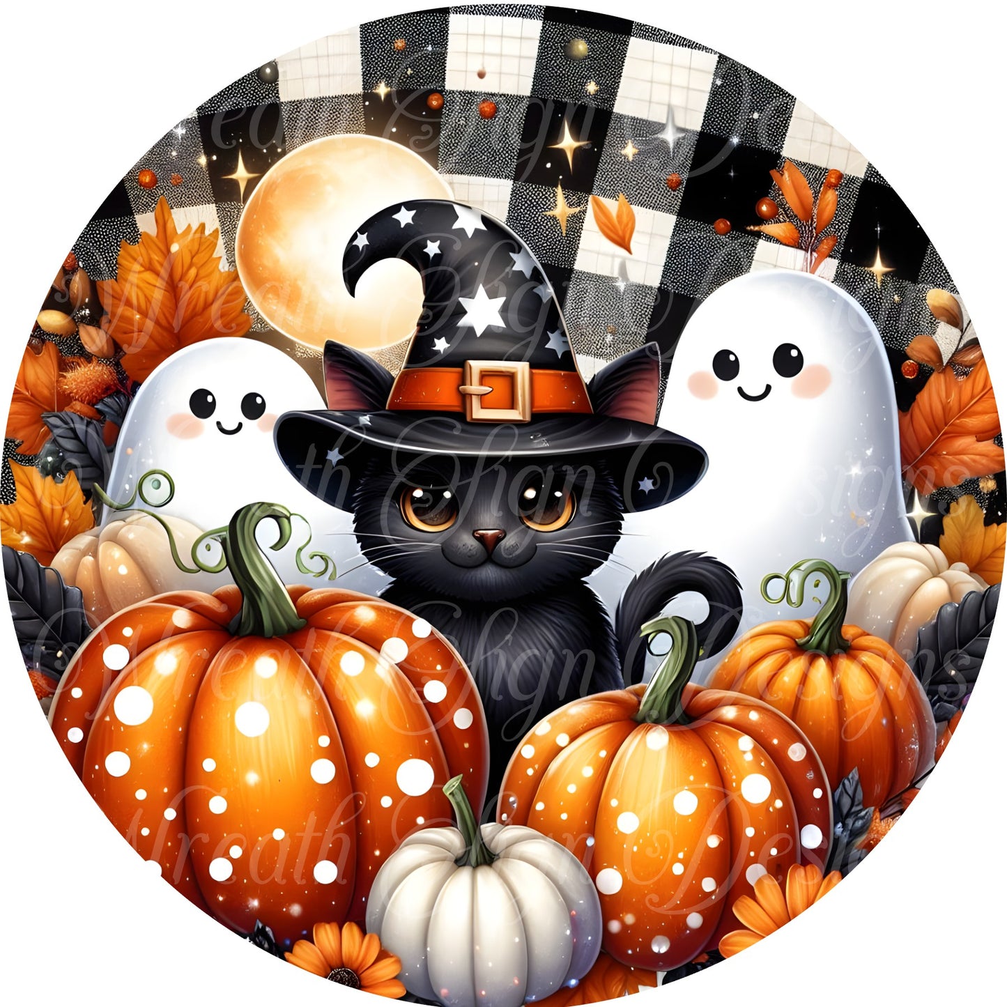 Fall sign, Halloween sign, Black cat in a witch ha with pumpkins and ghost round metal wreath sign, wreth center, wreath attachment