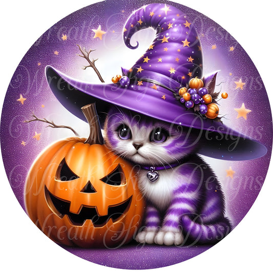 purple witch cat round metal sign, Halloween cat wreath sign, black and purple wreath center, wreath attachment, Wizzard Cat and spell book