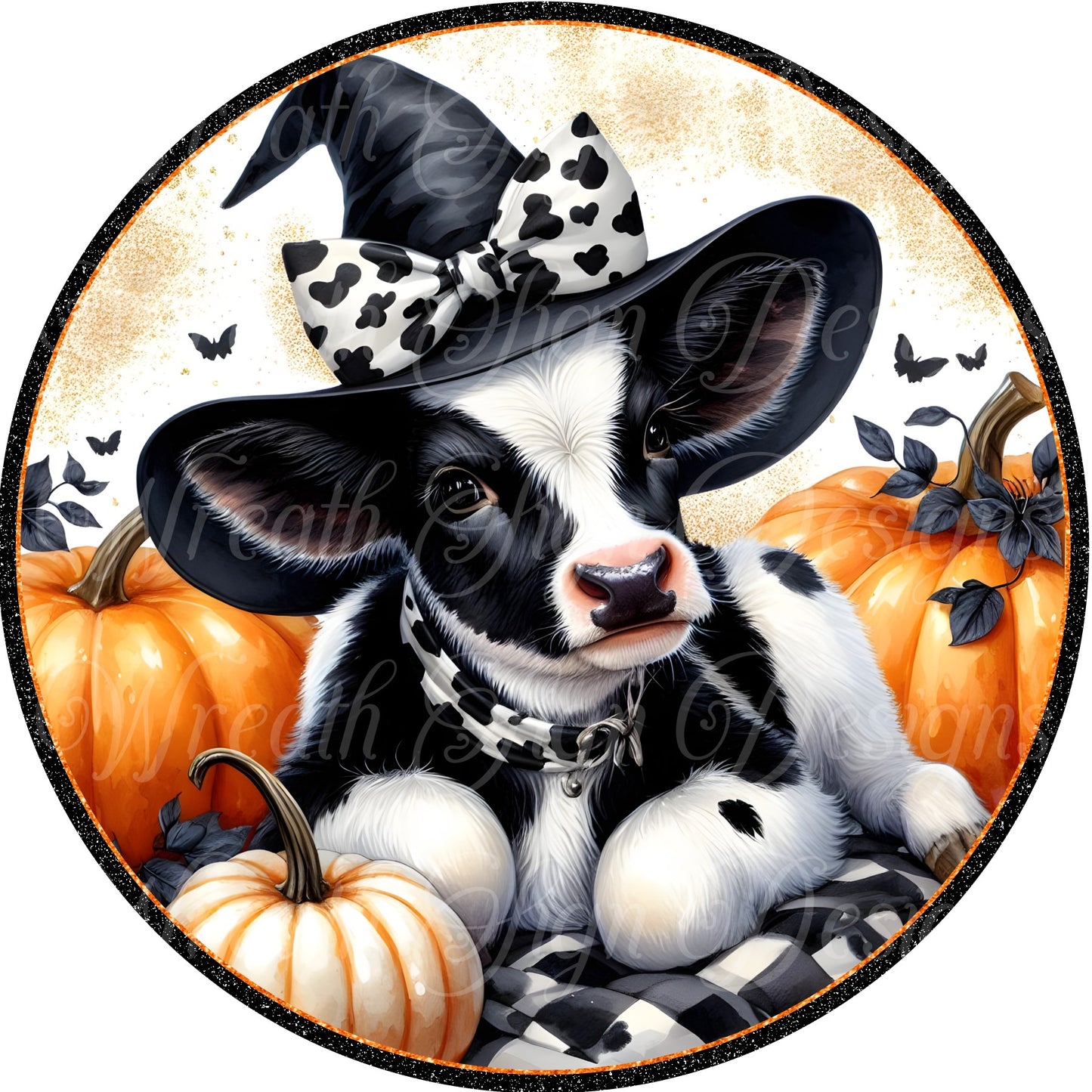 wreath sign, Happy Halloween jersey cow Wreath Sign, black and white cow sign. fall celebration sign, jersey cow in a witch hat,