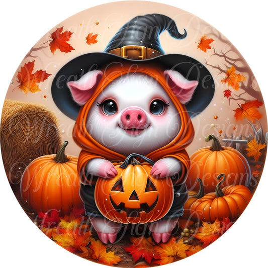 Whimsical Halloween Pig, trick -or- treat pig dressed as witch, Piglet and pumpkin round metal wreath sign, wreath center, wreath attachment