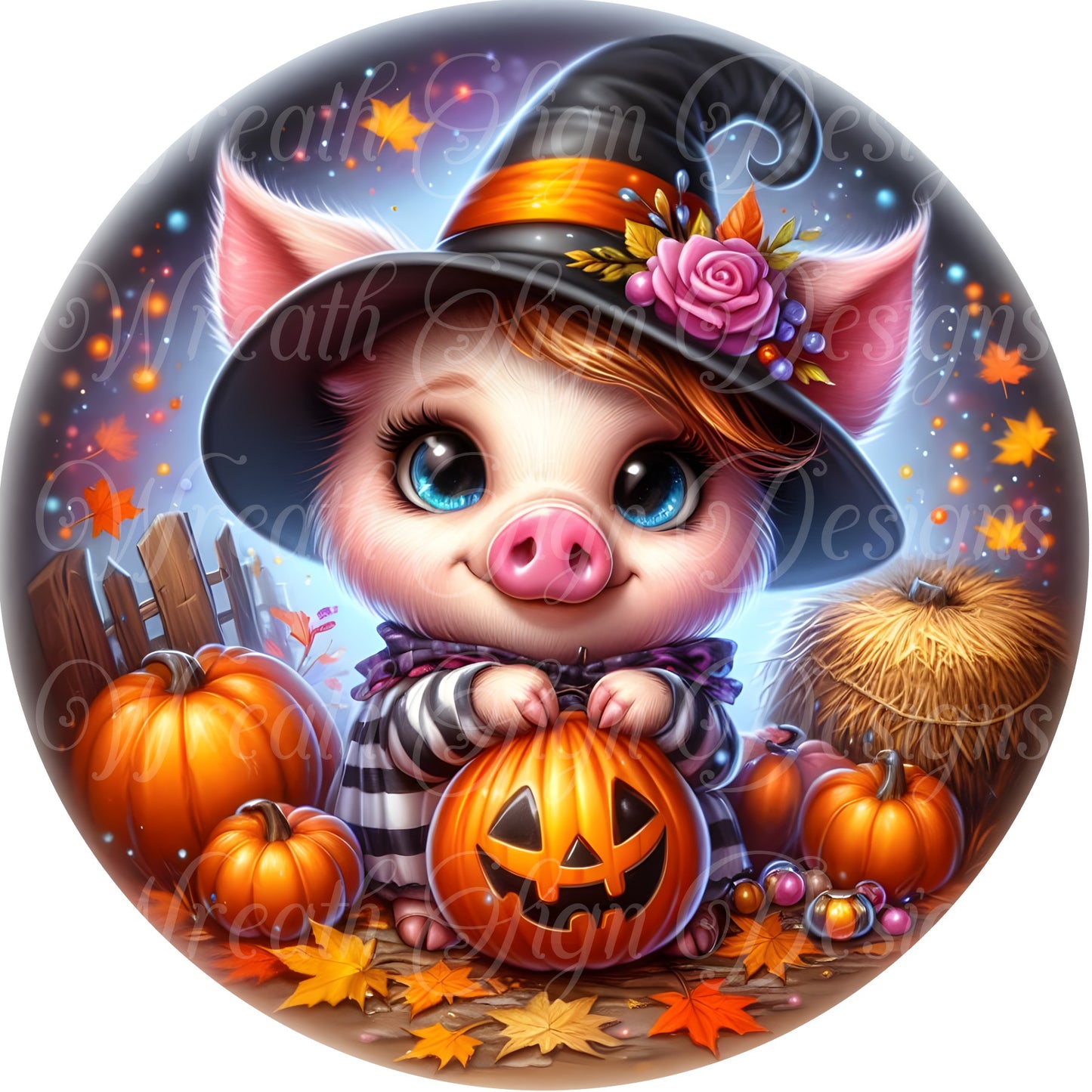 Whimsical Halloween Pig, trick -or- treat pig dressed as witch, Piglet and pumpkin round metal wreath sign, wreath center, wreath attachment