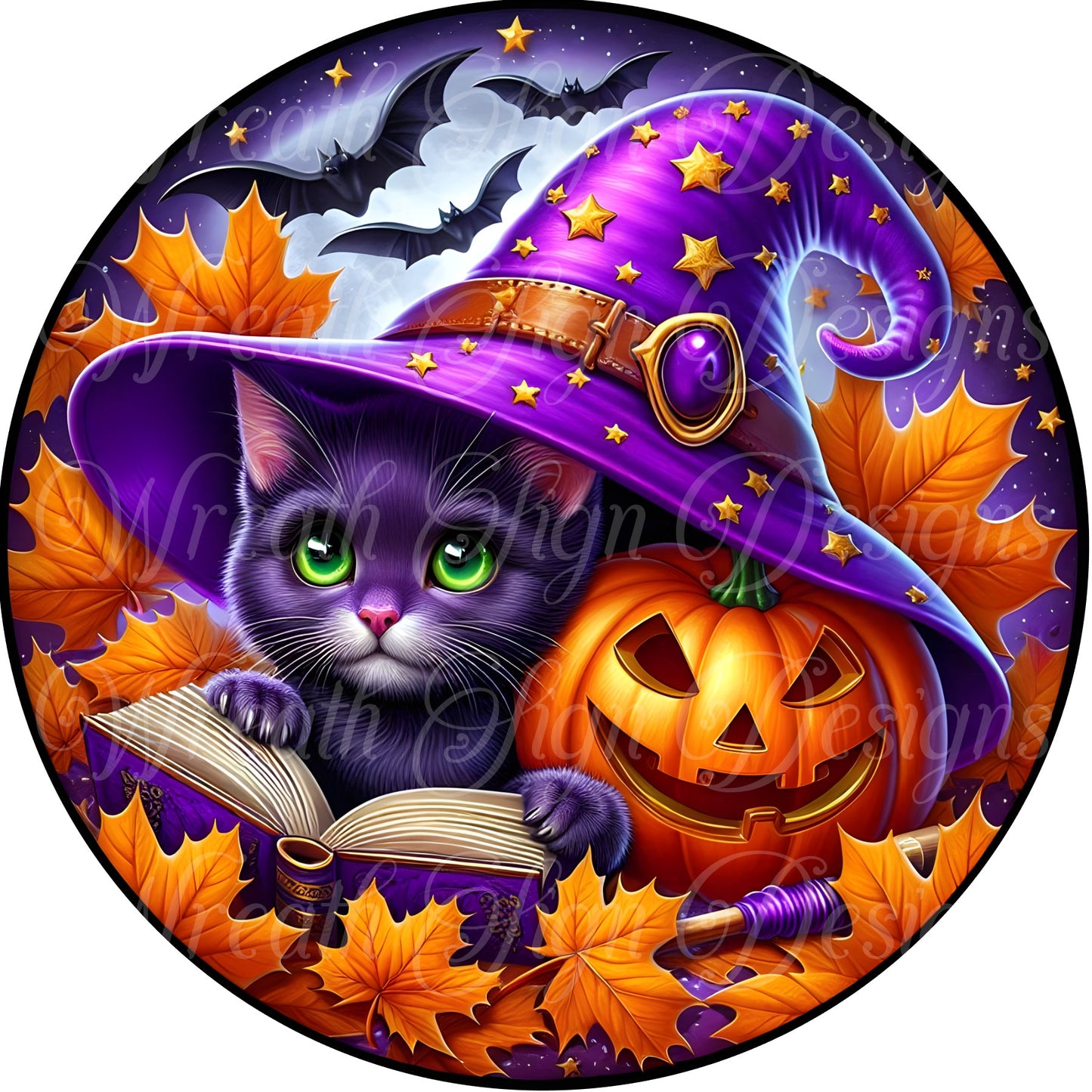 Black witch cat round metal sign, Halloween cat wreath sign, black and purple wreath center, wreath attachment, Wizzard Cat and spell book