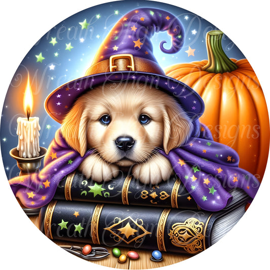 Whimsical Halloween Dog, trick-or-treat Golden Retriever dressed as witch,  pumpkin round metal wreath sign, wreath center wreath attachment