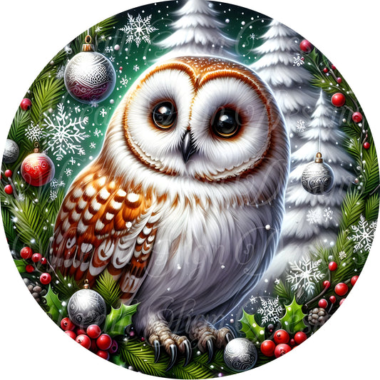 round metal sublimation wreath sign, Woodland owl, White winter owl sign, Christmas wreath center, wreath attachment