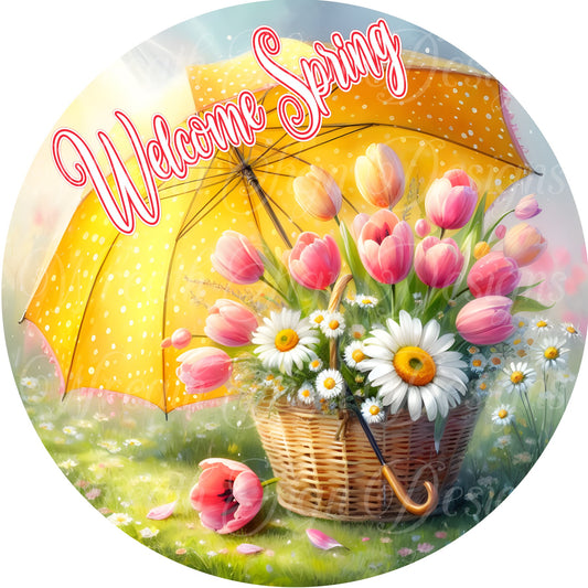 yellow springtime umbrella wreath attachment, wreath center, rainy day, april showers, floral sign