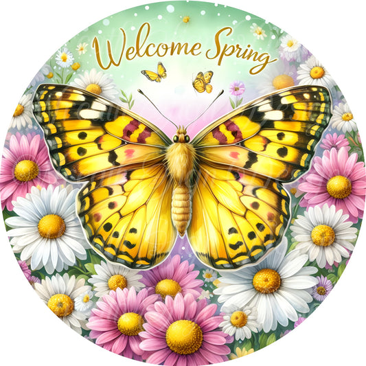 yellow Butterfly wreath sign, Springtime flowers, Hello Spring wreath sign,  wreath center, attachment, plaque