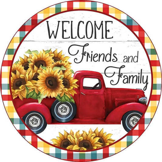 Fall Red Truck with Sunflowers metal wreath sign, Round sign, Wreath attachment, Wreath center, Red truck tiered tray sign
