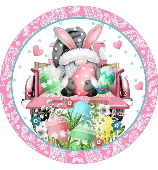 Gnome easter bunny metal wreath sign, Round sign, Wreath attachment, Wreath center, easter tiered tray sign, old pink truck