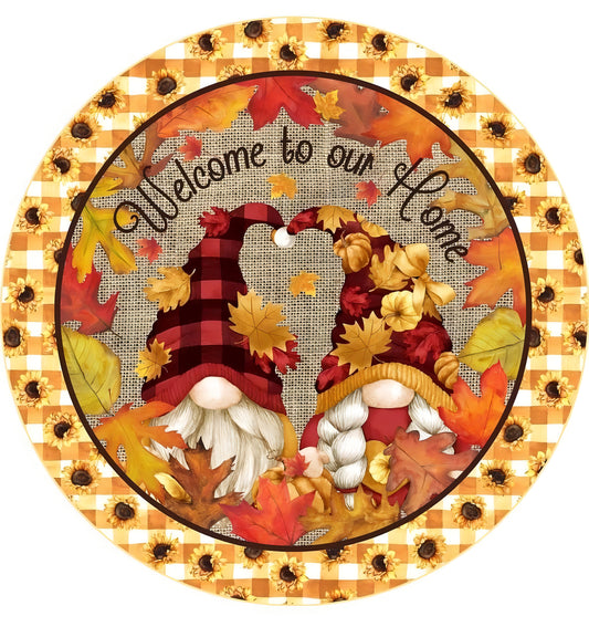 fall leaves Gnome Round metal wreath sign, Wreath Center, Wreath attachment, Door Hanger,  gnome circle sign, tiered trey sign