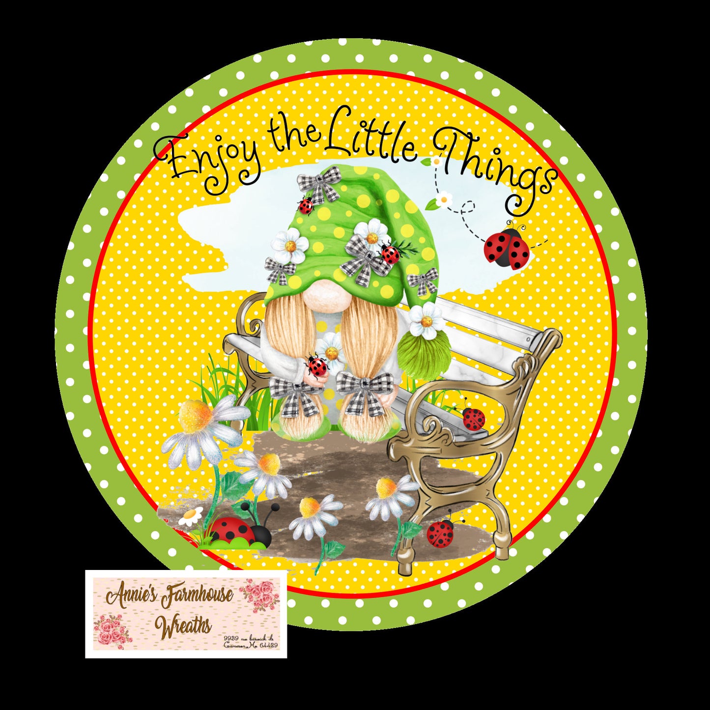 enjoy the little things gnome metal sign, ladybug sign, green  Round sign, Wreath attachment, Wreath center, easter tiered tray sign