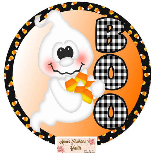 Boo ghost sign, Candy Corn Halloween sign, fall, spooky metal wreath sign, Round sign,  attachment Wreath center, tiered tray sign
