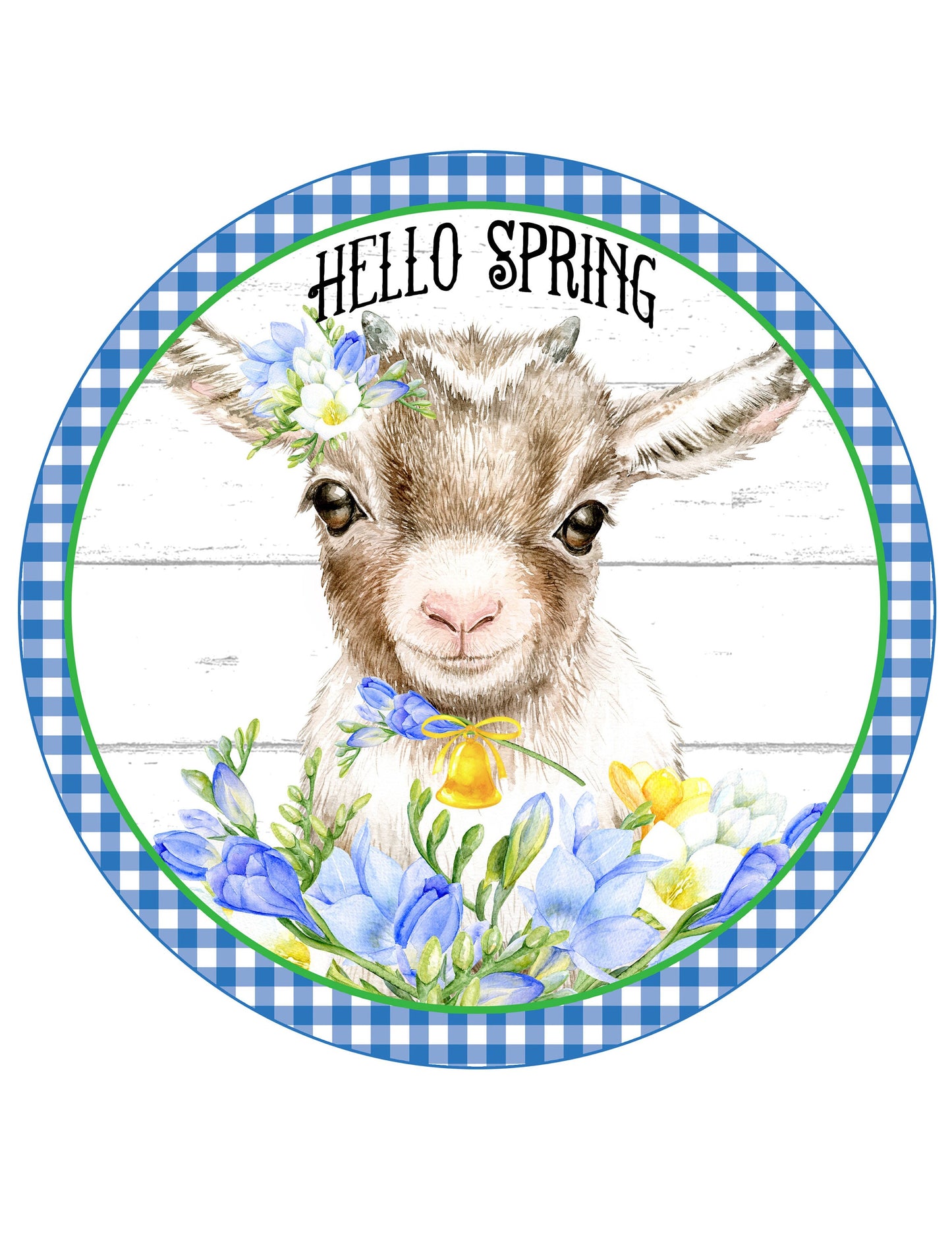 spring goat, blue yellow floral, shiplap print background  metal wreath sign, Round sign,  attachment Wreath center, tiered tray sign