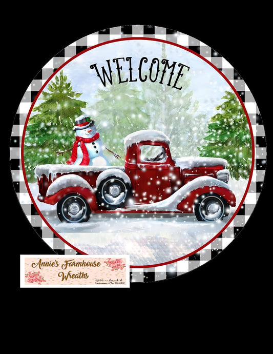 Christmas snowman  round metal sign, winter wonderland old red truck sign, Winter wreath sign, wreath center, wreath attachment