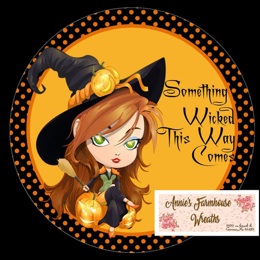 whimsical witch round metal sign, something wicked wreath sign, Halloween Witch wreath center, orange and black halloween attachment