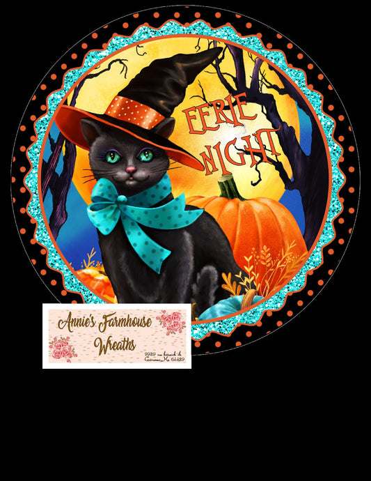 Eerie Nights Black witch cat round metal sign, Halloween cat wreath sign, black and orange wreath center, wreath attachment. cat and pumpkin