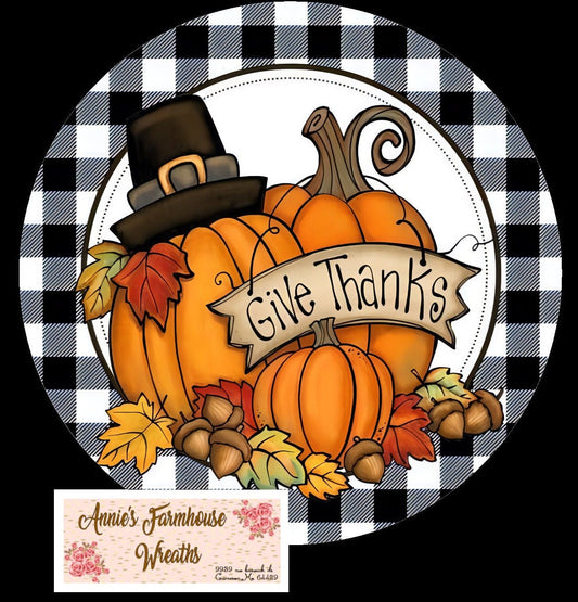 Give Thanks Thanksgiving round metal sign, Fall Wreath Sign, Pumpkin wreath sign, wreath center, wreath attachment, door sign,