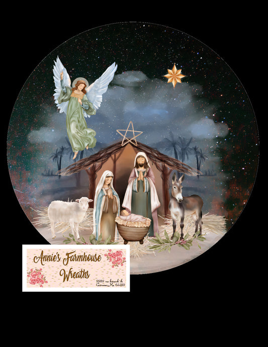 Baby Jesus Nativity scene round metal sign, Christmas sign, Winter wreath sign, wreath center, wreath attachment. the reason for the season