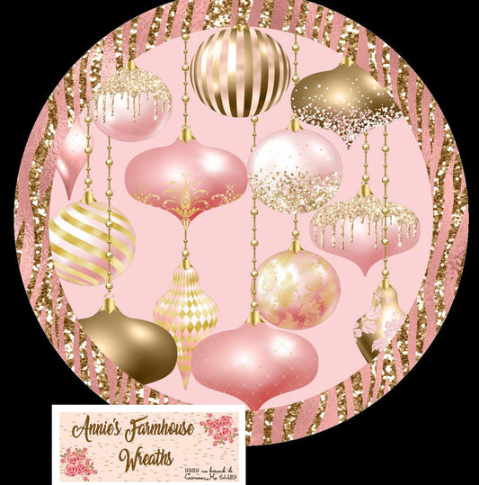 round wreath sign, pink and gold christmas tree ornaments, Rose gold wreath sign