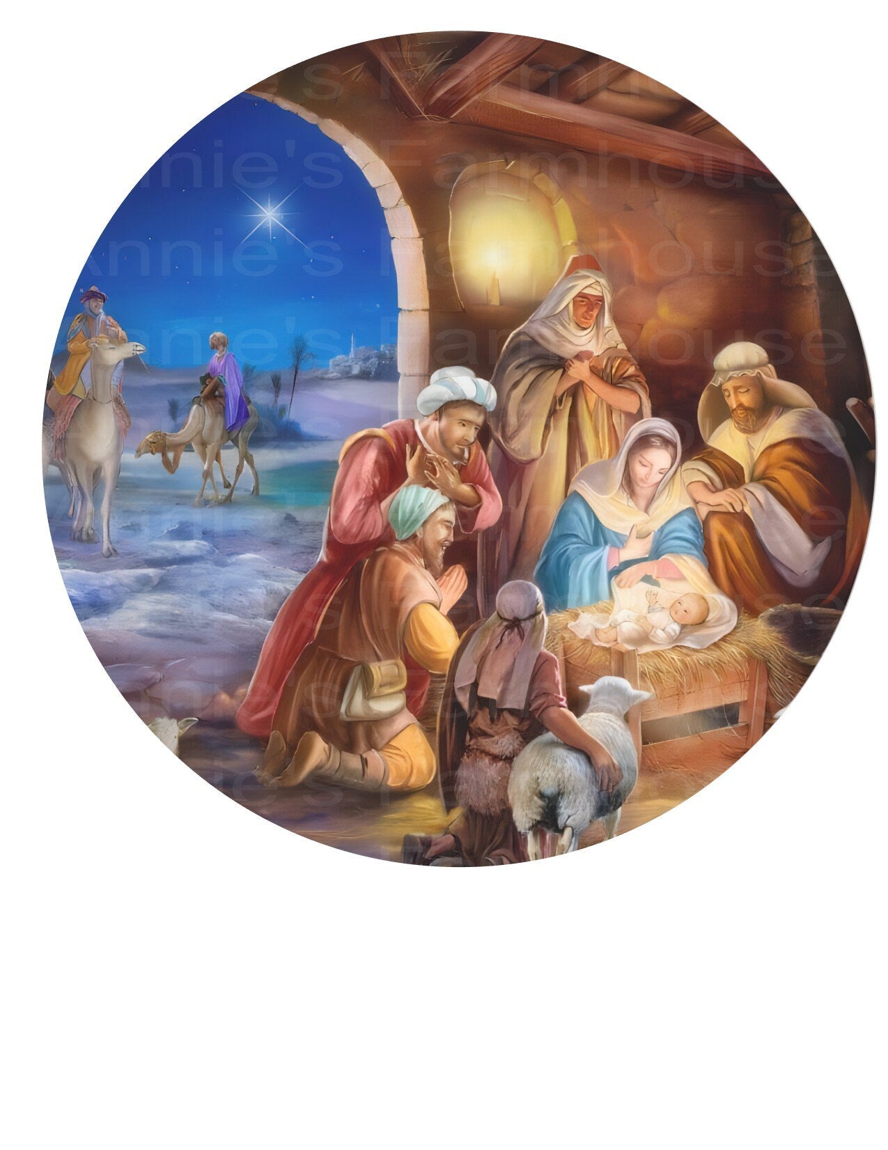 Baby Jesus Nativity scene round metal sign, Christmas sign, Winter wreath sign, wreath center, wreath attachment. the reason for the season