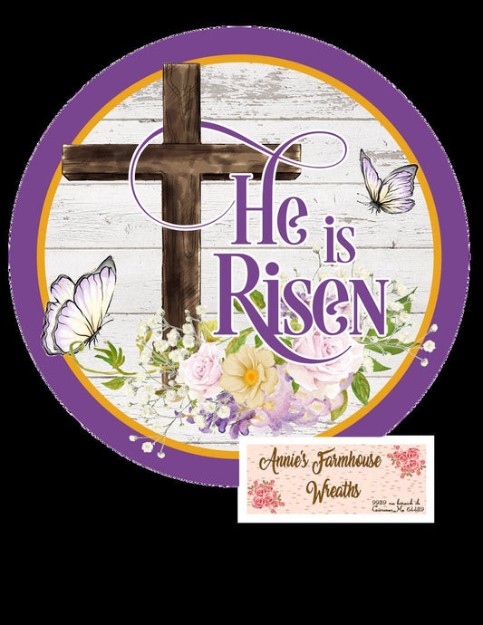He is risen metal wreath sign, Easter spring Round sign, Wreath attachment, Wreath center, easter tiered tray sign, purple sign